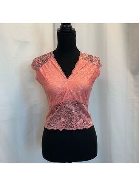Uk2la peach pink lace stretchy V-neck sleeveless top crisscross L clubwear NWOT